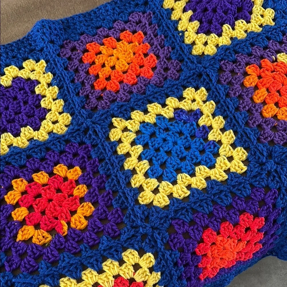 Handmade Granny Square Crochet Blanket Colorful Boho Cottagecore Lap Throw